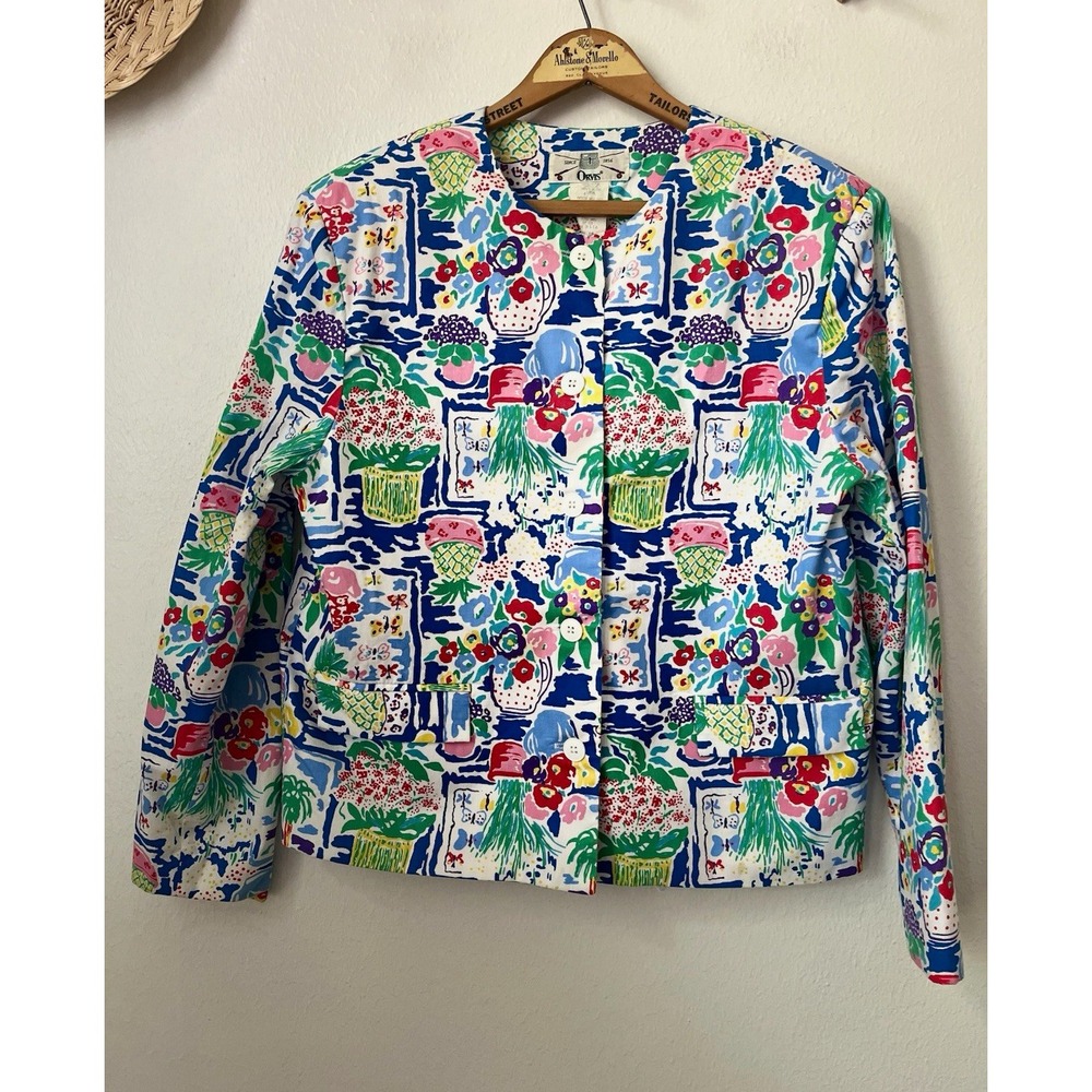 VTG Orvis Womens colorful floral blazer L pineapple print collarless fun summer
